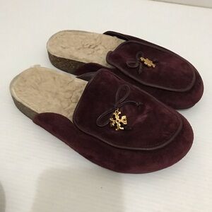 Tory Burch Tory Charm Shearling Mules Burgundy Size 5